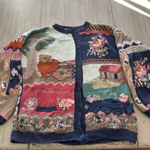Vtg Together Bears Floral Grandma Cardigan Sweater 90s Sz L Cottage Core